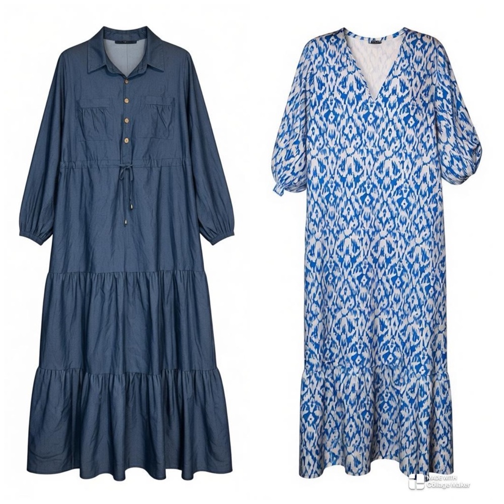 Chic Blue Patterned Long Sleeve Dress